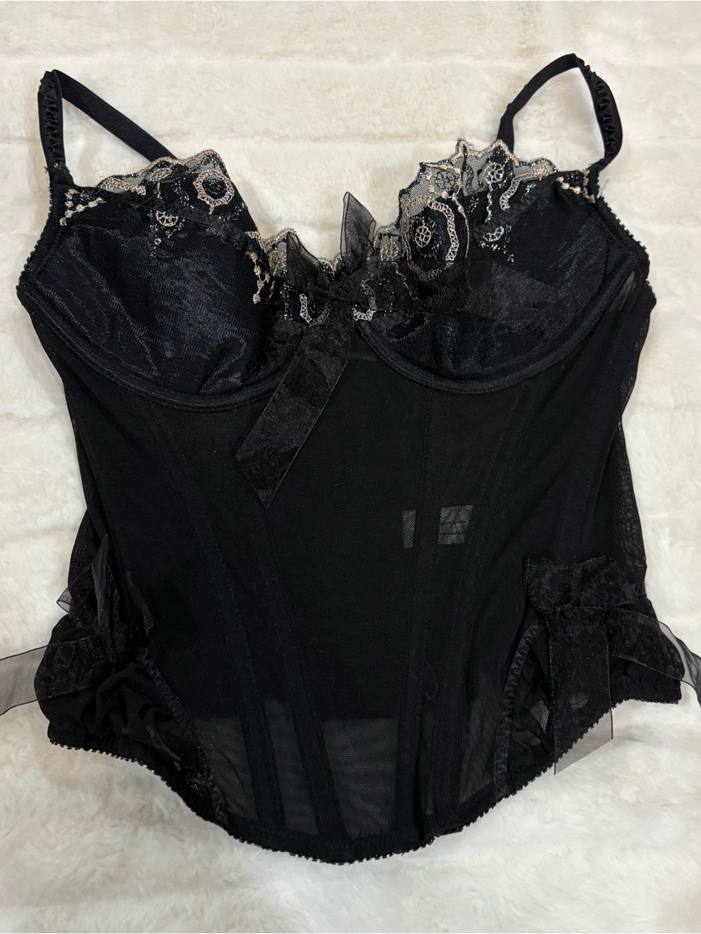 Black Lace-Trim Bustier Corset with Sheer Panels